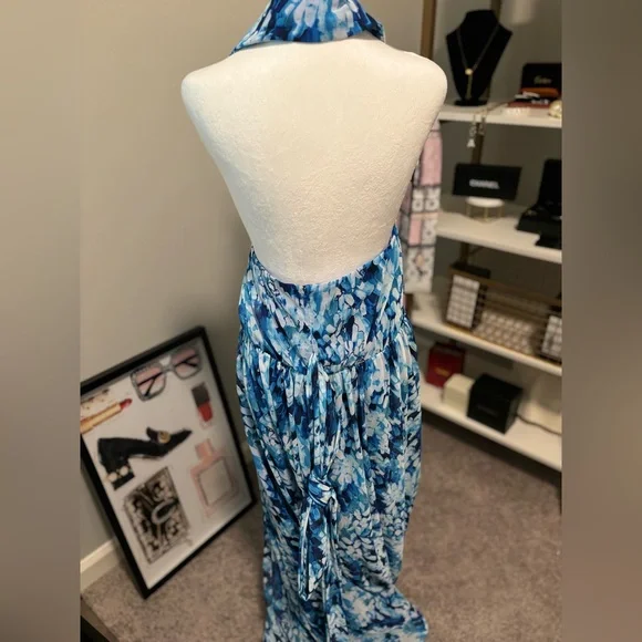 BADGLEY MISCHKA Blue Floral Print Halter Chiffon Maxi Shirt-Dress Gown 20 US